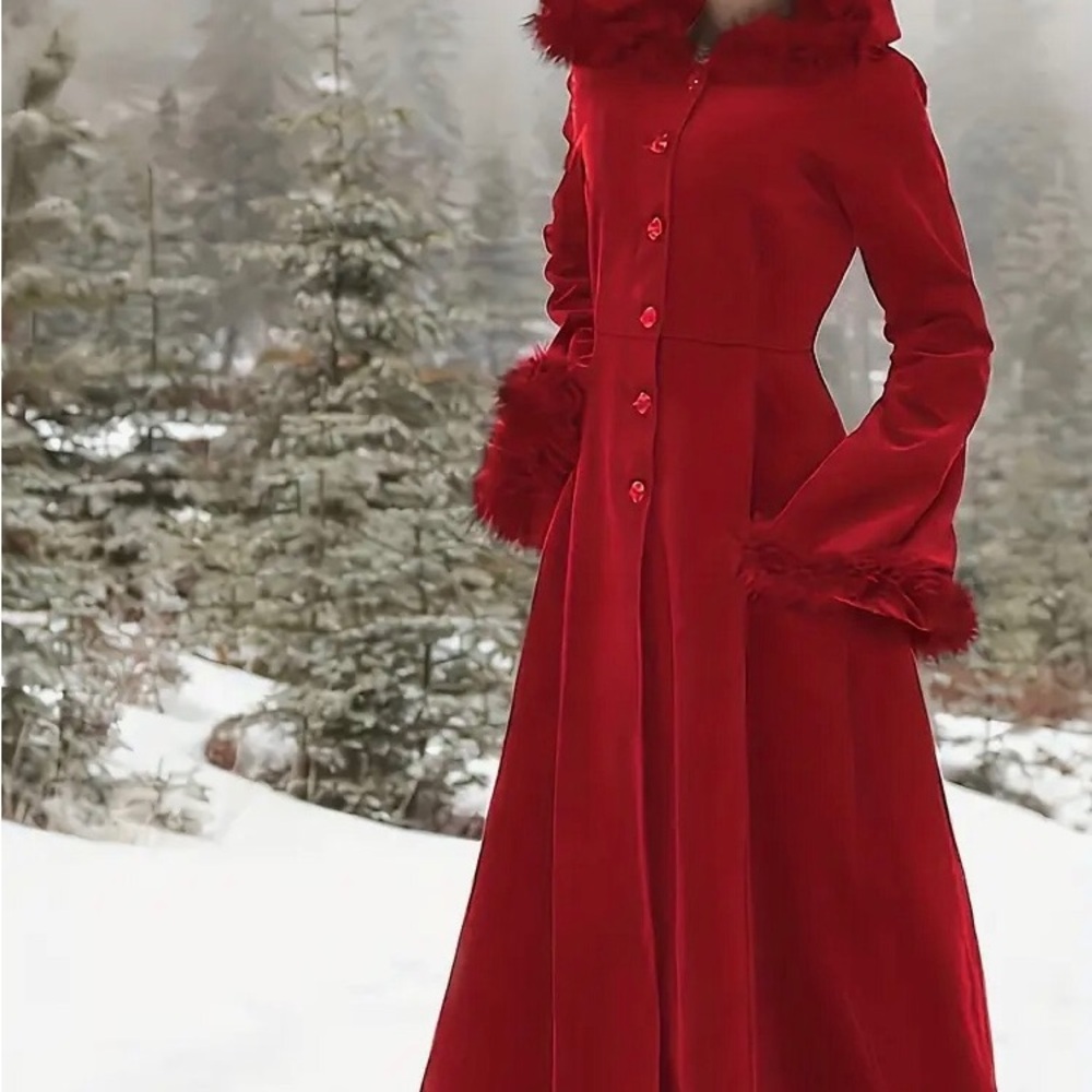 Elegant Red Hooded Coat with Fur Trim